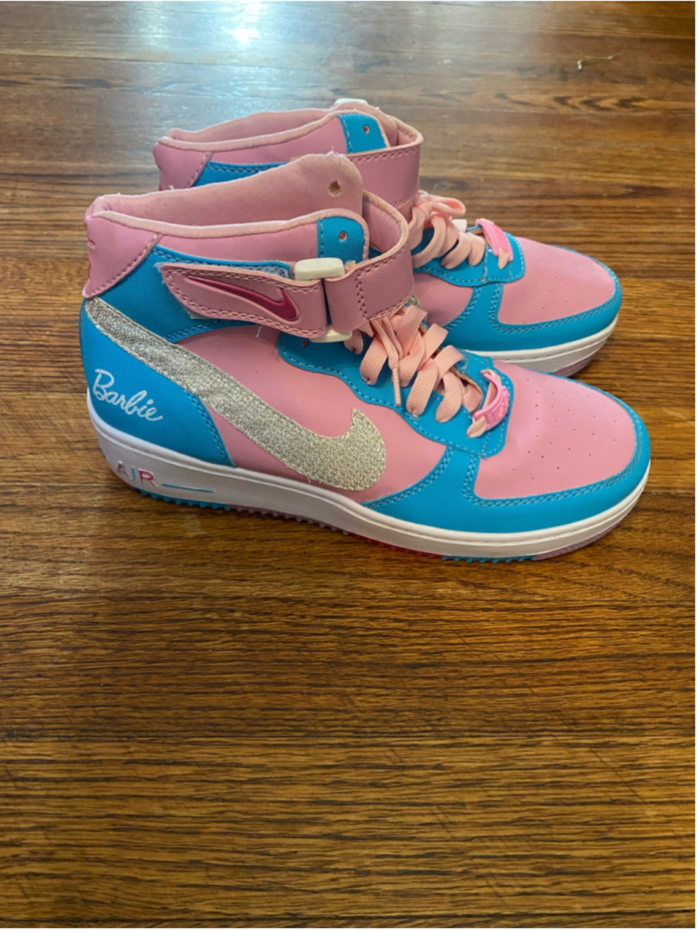 Custom Hand Painted Nike Air Force 1 High Barbie Pink Blue Glitter Sneakers OOAK